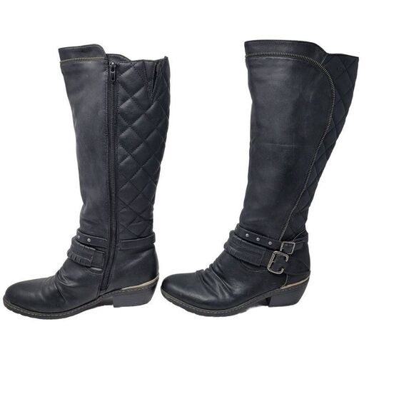 Rieker‎ Vegan Leather Black Knee High Zip Up Boots 40 Belted Buckle Quilted - Picture 3 of 12
